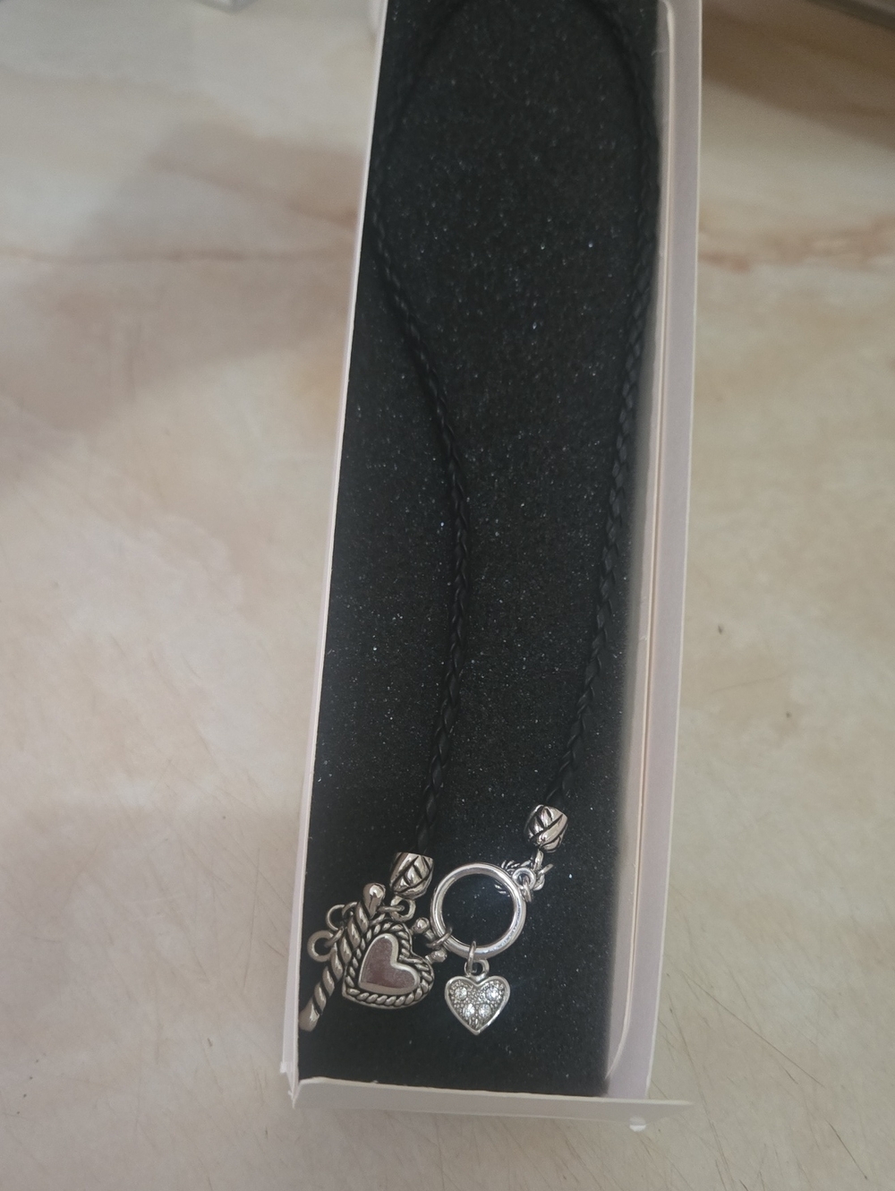 Lia Sophia Black Braided Cord Necklace with Silver Heart Charms